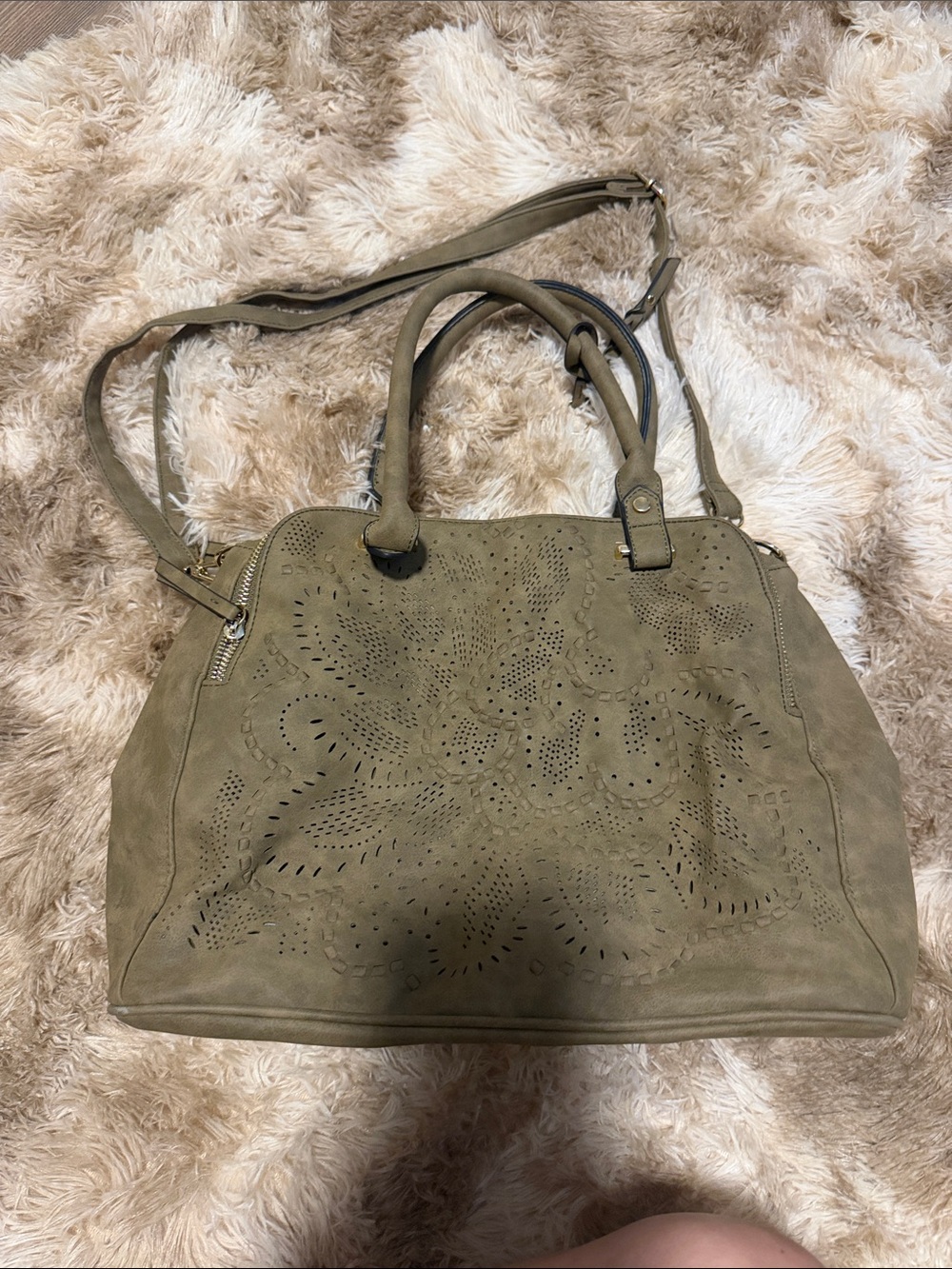 Suede Laser-Cut Tote Bag in Olive Green